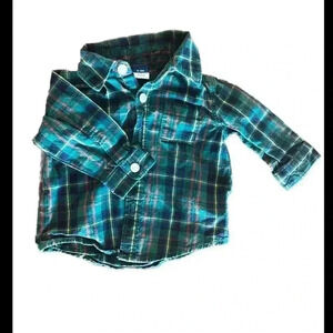 Old Navy Plaid Button Up Shirt Boys Size 0-3 Months Green Long Sleeve Collared